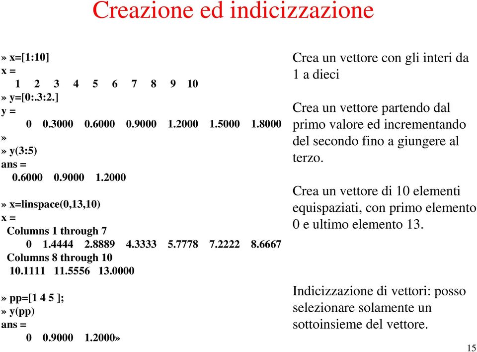 000» Crea un vettore con gl nter da 1 a dec Crea un vettore partendo dal prmo valore ed ncrementando del secondo fno a gungere al terzo.