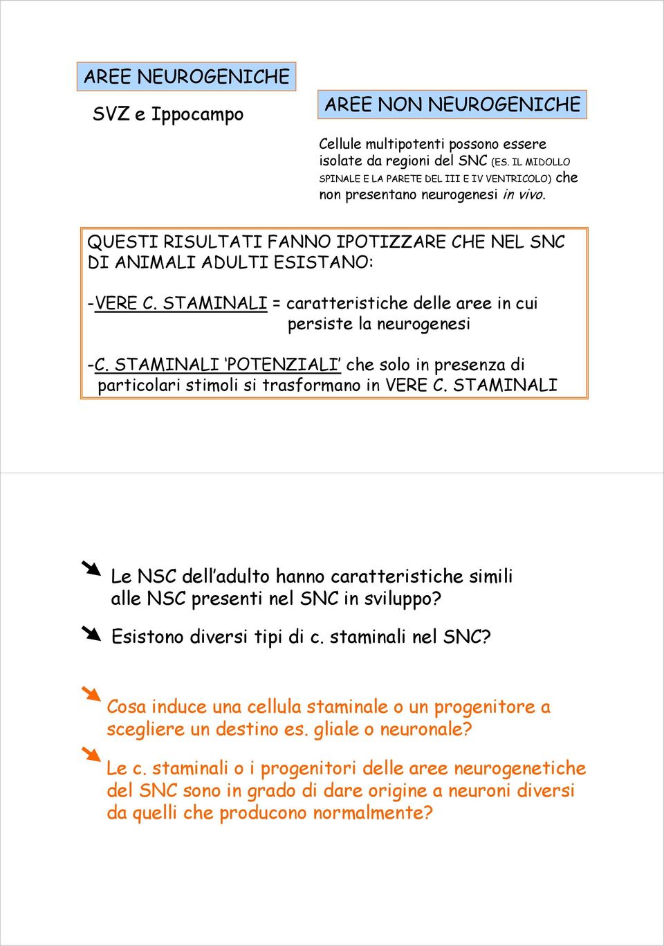 STAMINALI = caratteristiche delle aree in cui persiste la neurogenesi -C. STAMINALI POTENZIALI che solo in presenza di particolari stimoli si trasformano in VERE C.