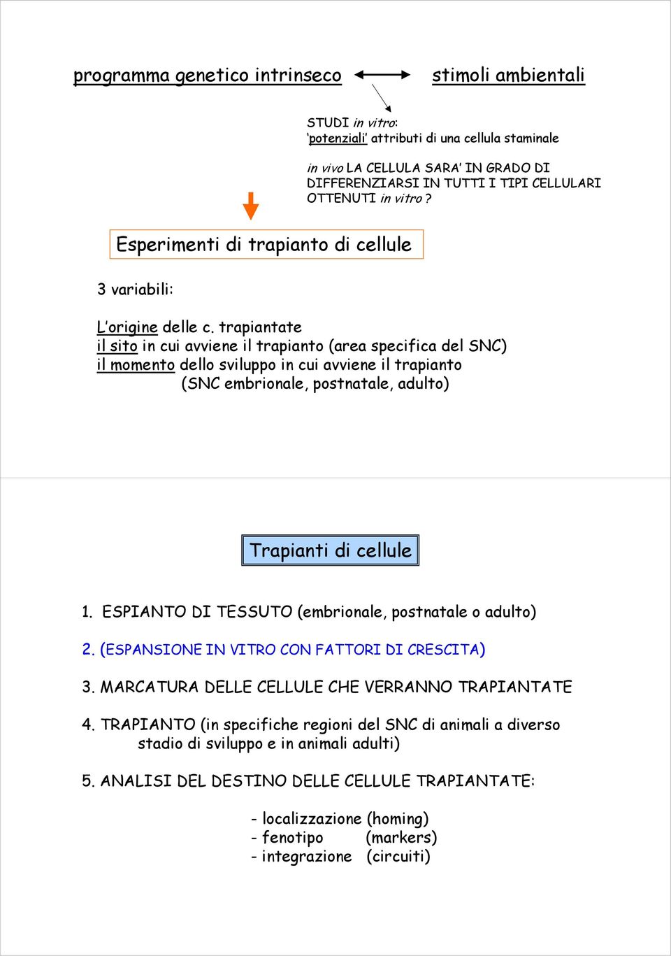 trapiantate il sito in cui avviene il trapianto (area specifica del SNC) il momento dello sviluppo in cui avviene il trapianto (SNC embrionale, postnatale, adulto) Trapianti di cellule 1.