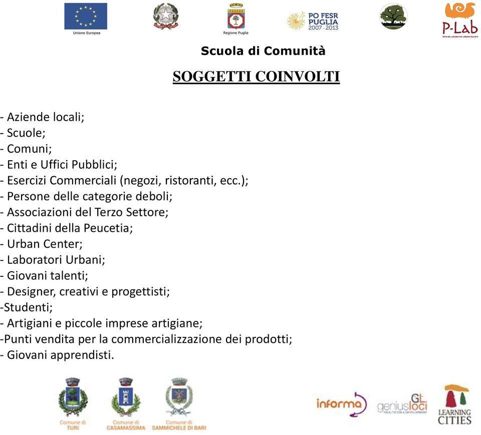 ); - Persone delle categorie deboli; - Associazioni del Terzo Settore; - Cittadini della Peucetia; - Urban Center; -