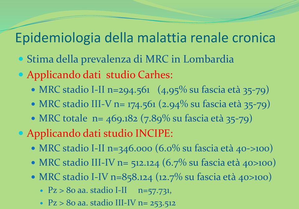 89% su fascia età 35-79) Applicando dati studio INCIPE: MRC stadio I-II n=346.000 (6.