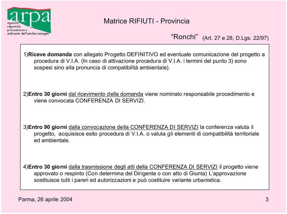 2)Entro 30 giorni dal ricevimento della domanda viene nominato responsabile procedimento e viene convocata CONFERENZA DI SERVIZI.