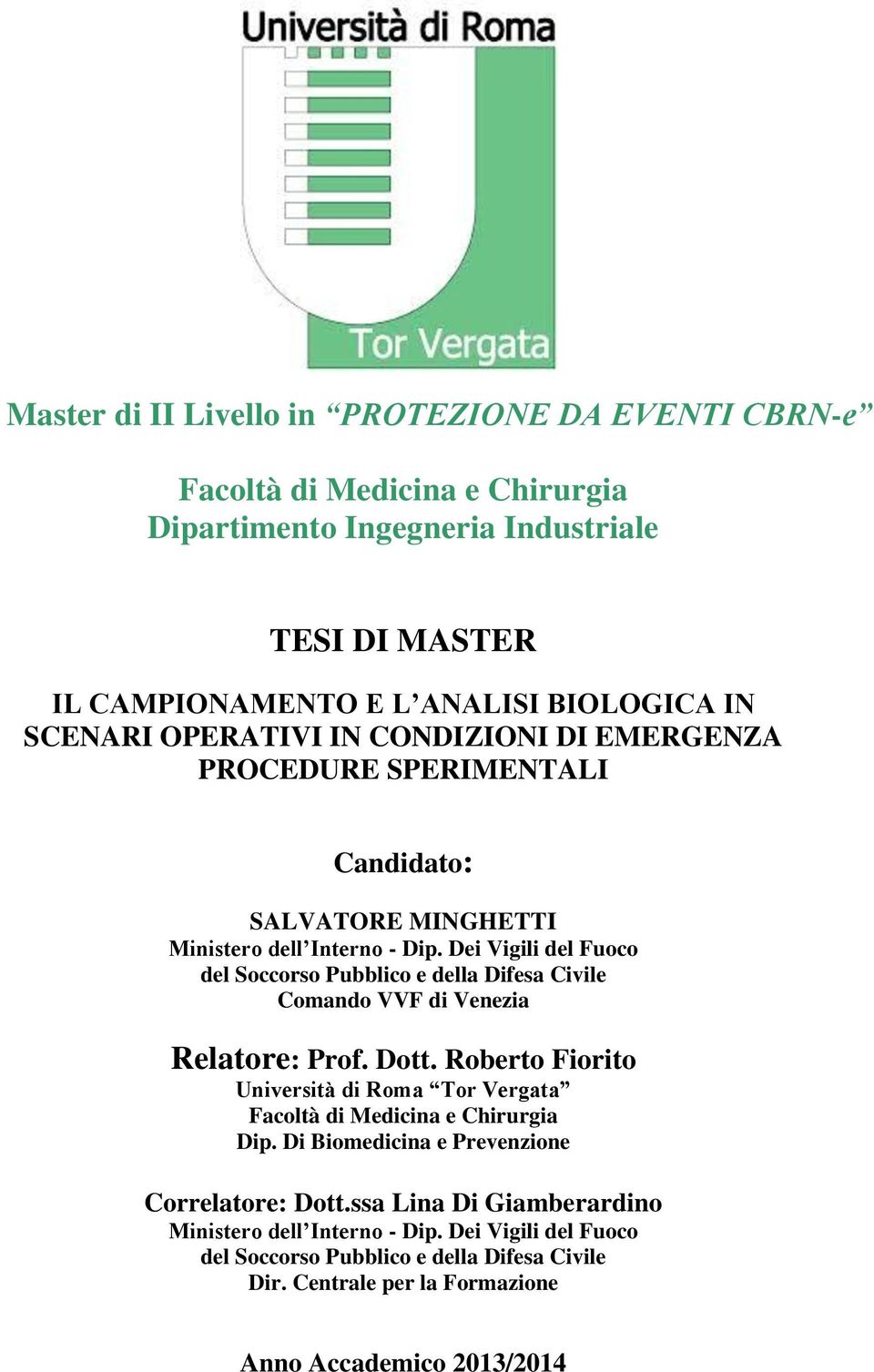 Dei Vigili del Fuoco del Soccorso Pubblico e della Difesa Civile Comando VVF di Venezia Relatore: Prof. Dott.