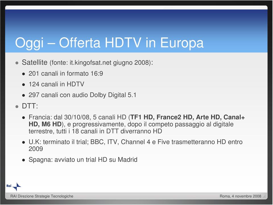 1 DTT: Francia: dal 30/10/08, 5 canali HD (TF1 HD, France2 HD, Arte HD, Canal+ HD, M6 HD), e progressivamente, dopo il