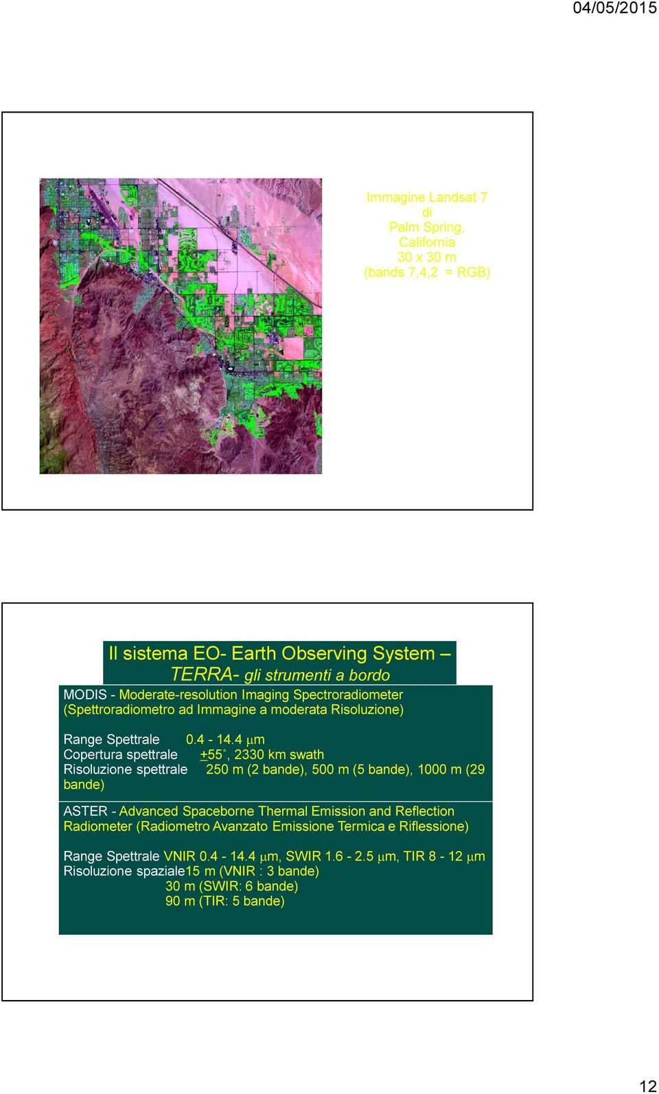 4 µm Copertura spettrale +55, 2330 km swath Risoluzione spettrale 250 m (2 bande), 500 m (5 bande), 1000 m (29 bande) ASTER - Advanced Spaceborne Thermal Emission and