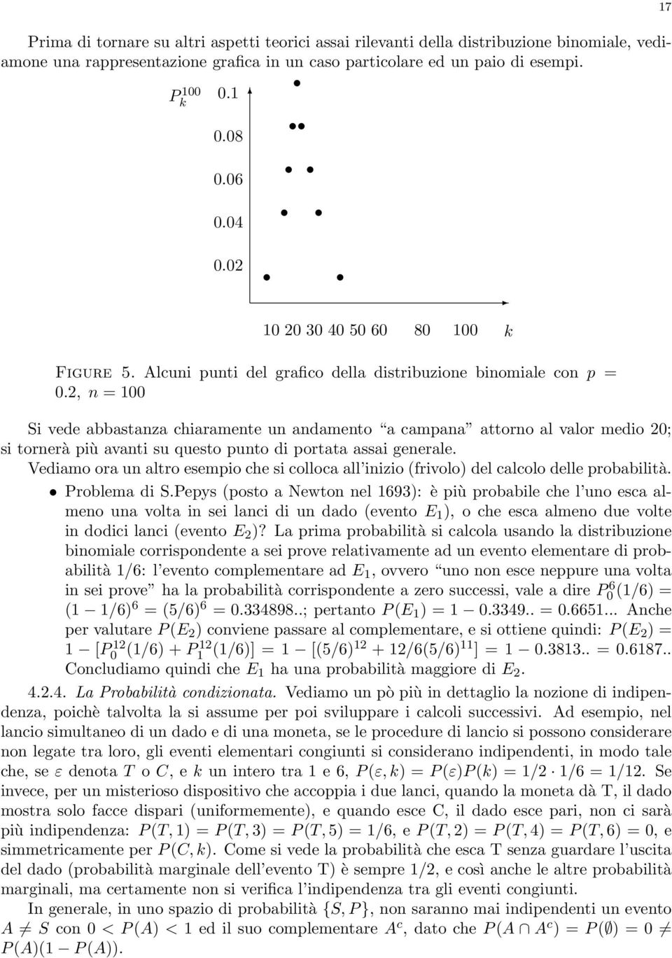 2, n = 100 Si vede abbastanza chiaramente un andamento a campana attorno al valor medio 20; si tornerà più avanti su questo punto di portata assai generale.