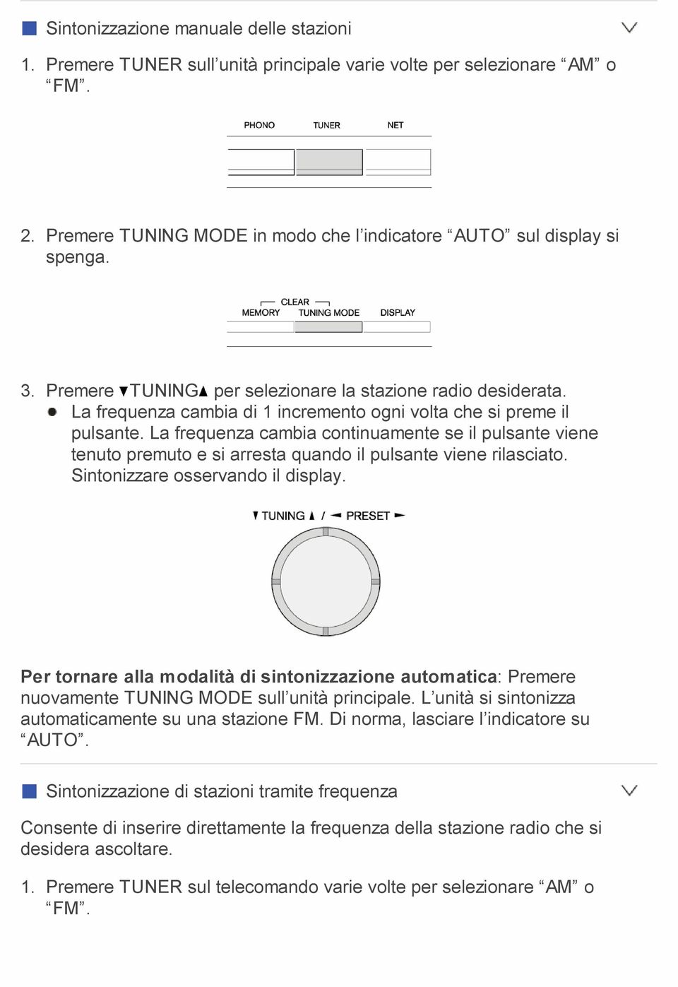 La frequenza cambia continuamente se il pulsante viene tenuto premuto e si arresta quando il pulsante viene rilasciato. Sintonizzare osservando il display.