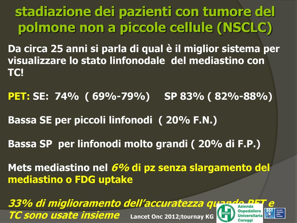 PET: SE: 74% ( 69%-79%) SP 83% ( 82%-88%) Bassa SE per piccoli linfonodi ( 20% F.N.