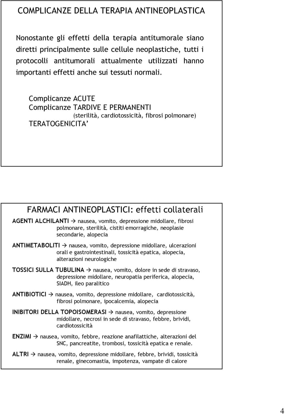 Complicanze ACUTE Complicanze TARDIVE E PERMANENTI (sterilità, cardiotossicità, fibrosi polmonare) TERATOGENICITA FARMACI ANTINEOPLASTICI: effetti collaterali AGENTI ALCHILANTI nausea, vomito,