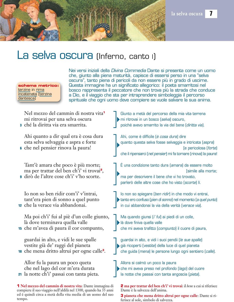 Questa immagine ha un significato allegorico: il poeta smarritosi nel bosco rappresenta il peccatore che non trova più la strada che conduce a Dio, e il viaggio che sta per intraprendere simboleggia