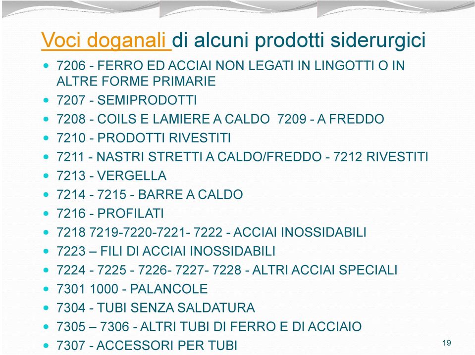 7214-7215 - BARRE A CALDO 7216 - PROFILATI 7218 7219-7220-7221-7222 - ACCIAI INOSSIDABILI 7223 FILI DI ACCIAI INOSSIDABILI 7224-7225 -