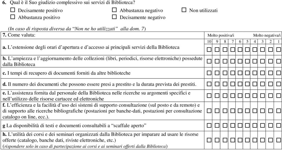 Come valuta: Molto positiva/i Molto negativa/i a. L estensione degli orari d apertura e d accesso ai principali servizi della Biblioteca b.