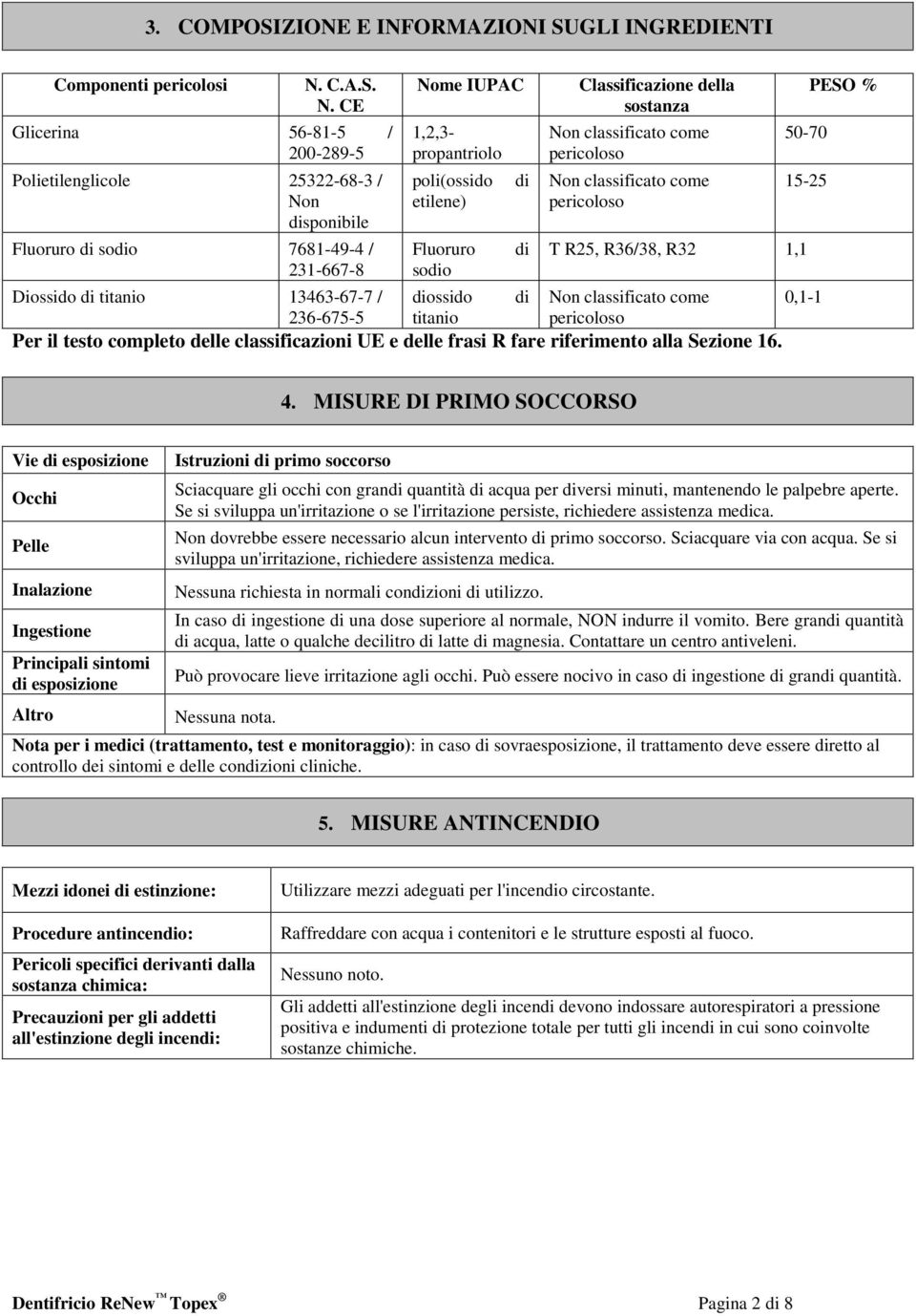 CE Nome IUPAC Glicerina 56-81-5 / 1,2,3-200-289-5 propantriolo Classificazione della sostanza Non classificato come pericoloso 50-70 Polietilenglicole 25322-68-3 / poli(ossido di Non classificato