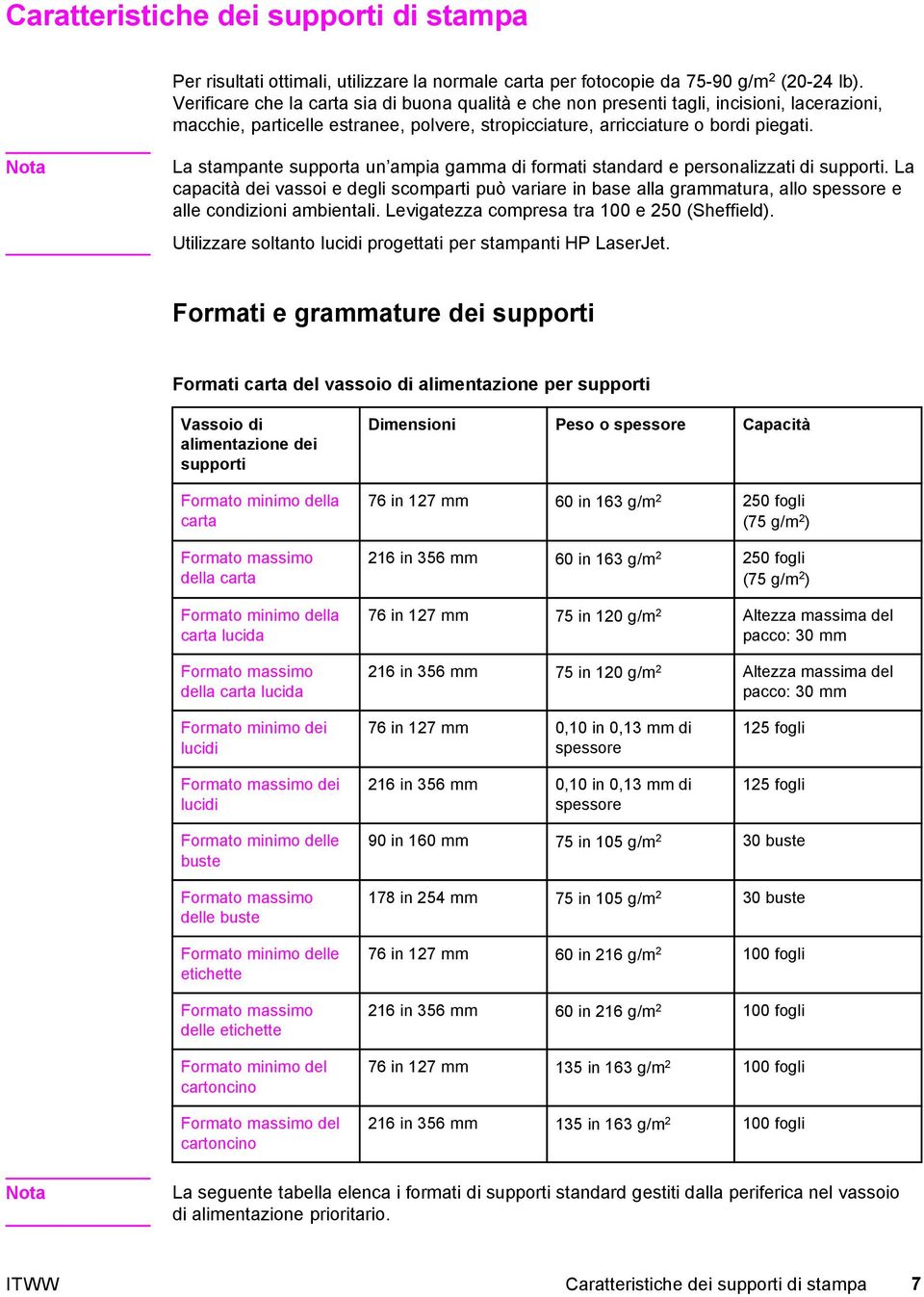 Nota La stampante supporta un ampia gamma di formati standard e personalizzati di supporti.