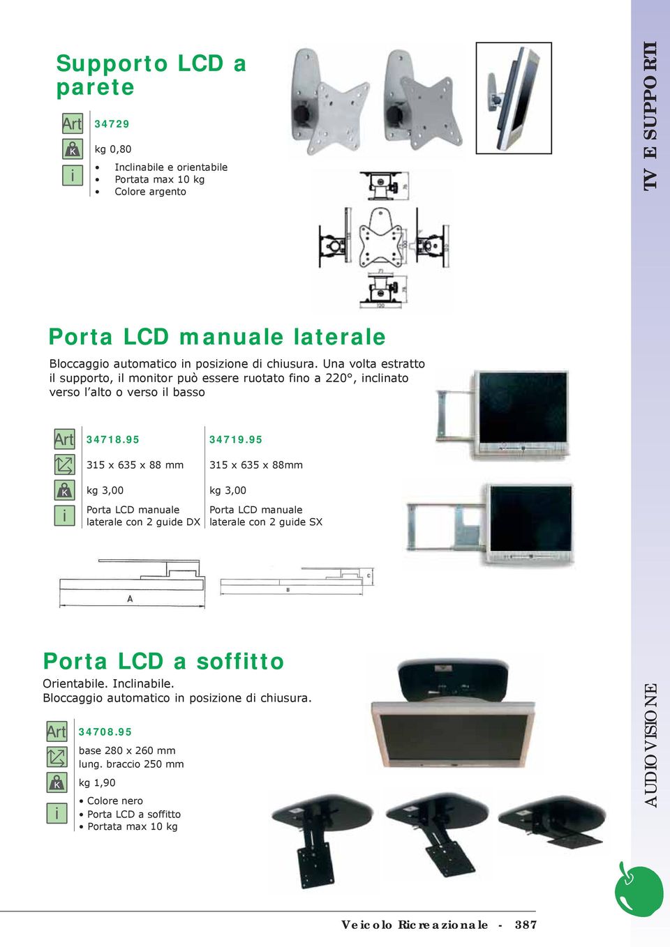 95 315 x 635 x 88 mm 315 x 635 x 88mm kg 3,00 kg 3,00 Porta LCD manuale laterale con 2 guide DX Porta LCD manuale laterale con 2 guide SX Porta LCD a soffitto Orientabile.