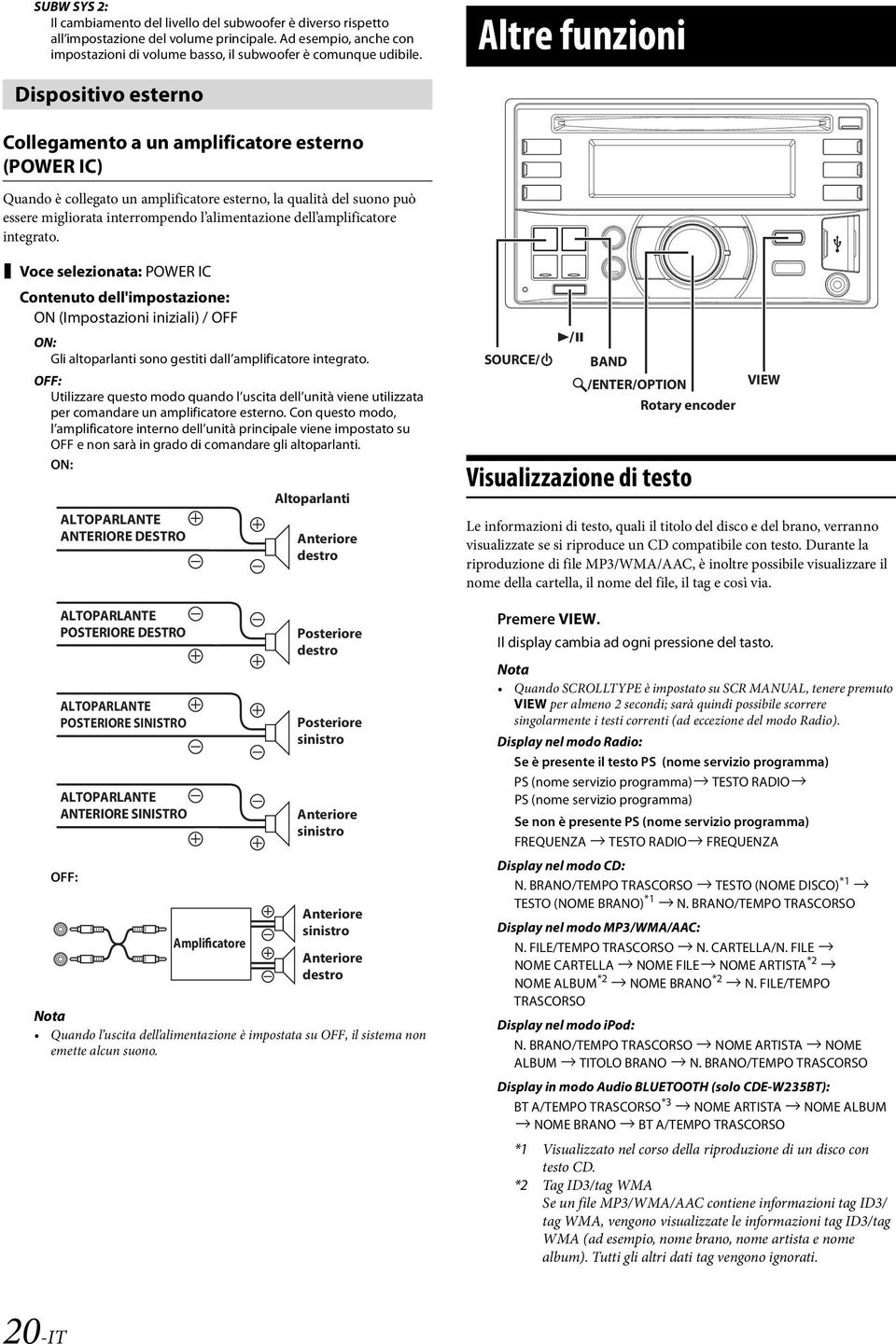 alimentazione dell amplificatore integrato. Voce selezionata: POWER IC ON (Impostazioni iniziali) / OFF ON: Gli altoparlanti sono gestiti dall amplificatore integrato.