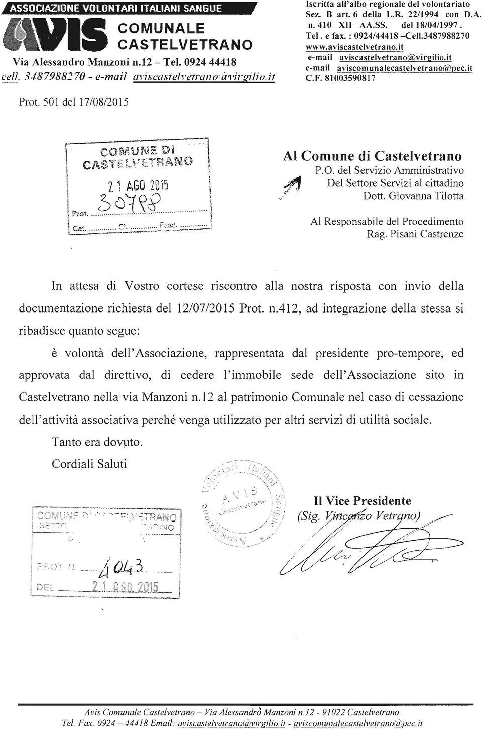 it 9!1(. 3487988270 - e-mail mù.castell.etranoiin.ù giliu.it C.F. 8] 003590817 Prot. 501 del 17/08/2015..--- \. COMUNE Di _. -l v:rc-"' R. AI Comune di Castelvetrano p. CAS ~ E~-. ' ét: ':, ~!