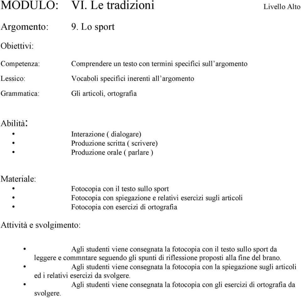 fotocopia con il testo sullo sport da leggere e commntare seguendo gli spunti di riflessione proposti alla fine del brano.