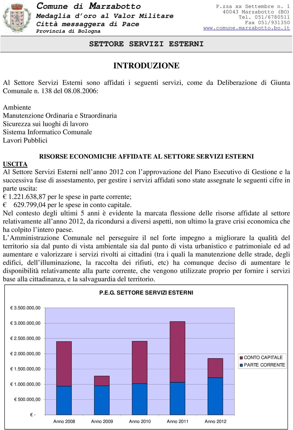 08.2006: Ambiente Manutenzione Ordinaria e Straordinaria Sicurezza sui luoghi di lavoro Sistema Informatico Comunale Lavori Pubblici RISORSE ECONOMICHE AFFIDATE AL SETTORE SERVIZI ESTERNI USCITA Al