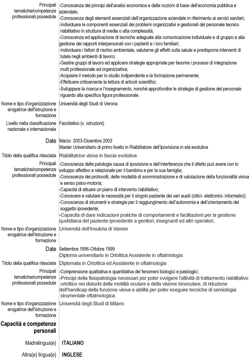 in strutture di media o alta complessità; -Conoscenza ed applicazione di tecniche adeguate alla comunicazione individuale e di gruppo e alla gestione dei rapporti interpersonali con i pazienti e i