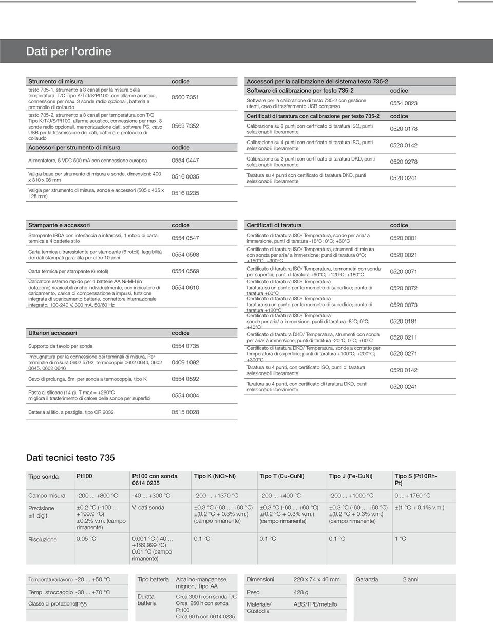 3 sonde radio opzionali, memorizzazione dati, software PC, cavo USB per la trasmissione dei dati, batteria e protocollo di collaudo Accessori per strumento di misura 0560 7351 0563 7352 Accessori per