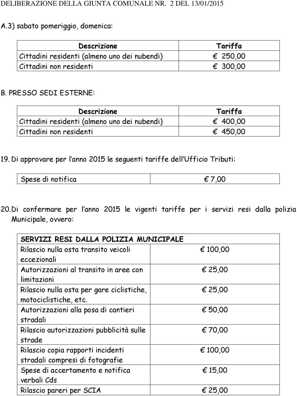 Di approvare per l anno 2015 le seguenti tariffe dell Ufficio Tributi: Spese di notifica 7,00 20.