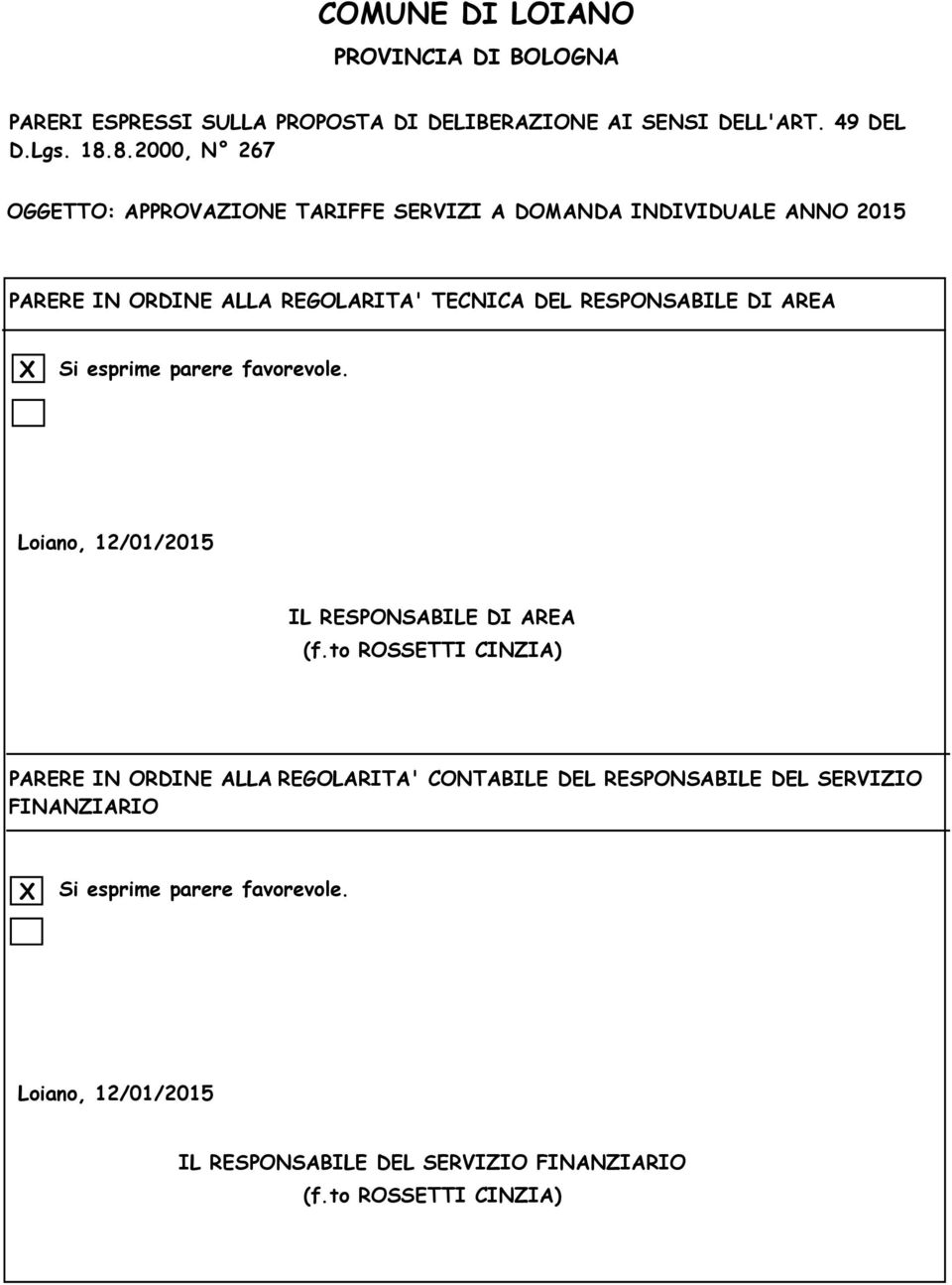 DI AREA X Si esprime parere favorevole. Loiano, 12/01/2015 IL RESPONSABILE DI AREA (f.