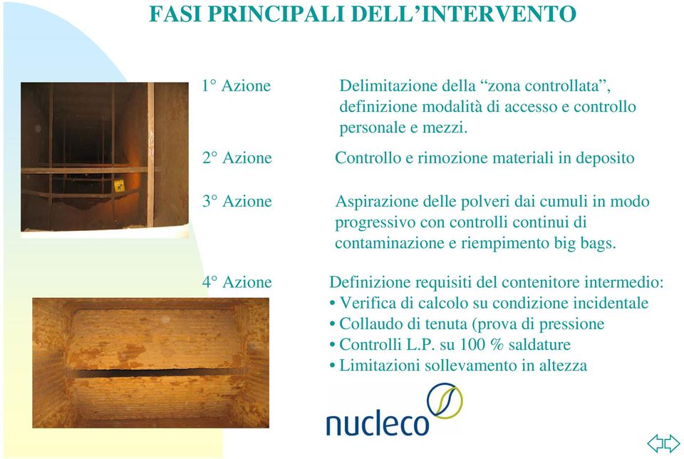 Controllo e rimozione materiali in deposito Aspirazione delle polveri dai cumuli in modo progressivo con controlli continui di