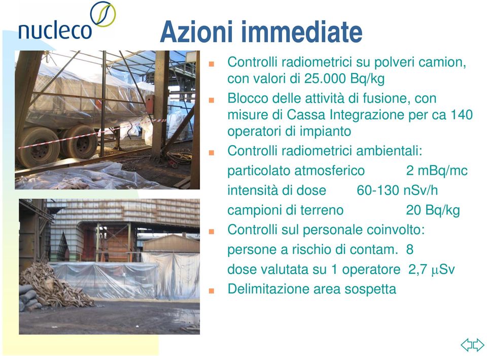 Controlli radiometrici ambientali: particolato atmosferico 2 mbq/mc intensità di dose 60-130 nsv/h campioni di