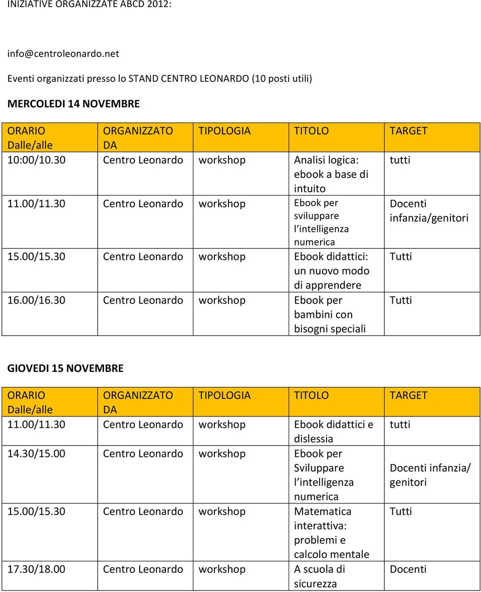 30 Centro Leonardo workshop Ebook didattici: Tutti un nuovo modo di apprendere 16.00/16.30 Centro Leonardo workshop Ebook per bambini con bisogni speciali Tutti GIOVEDI 15 NOVEMBRE 11.00/11.