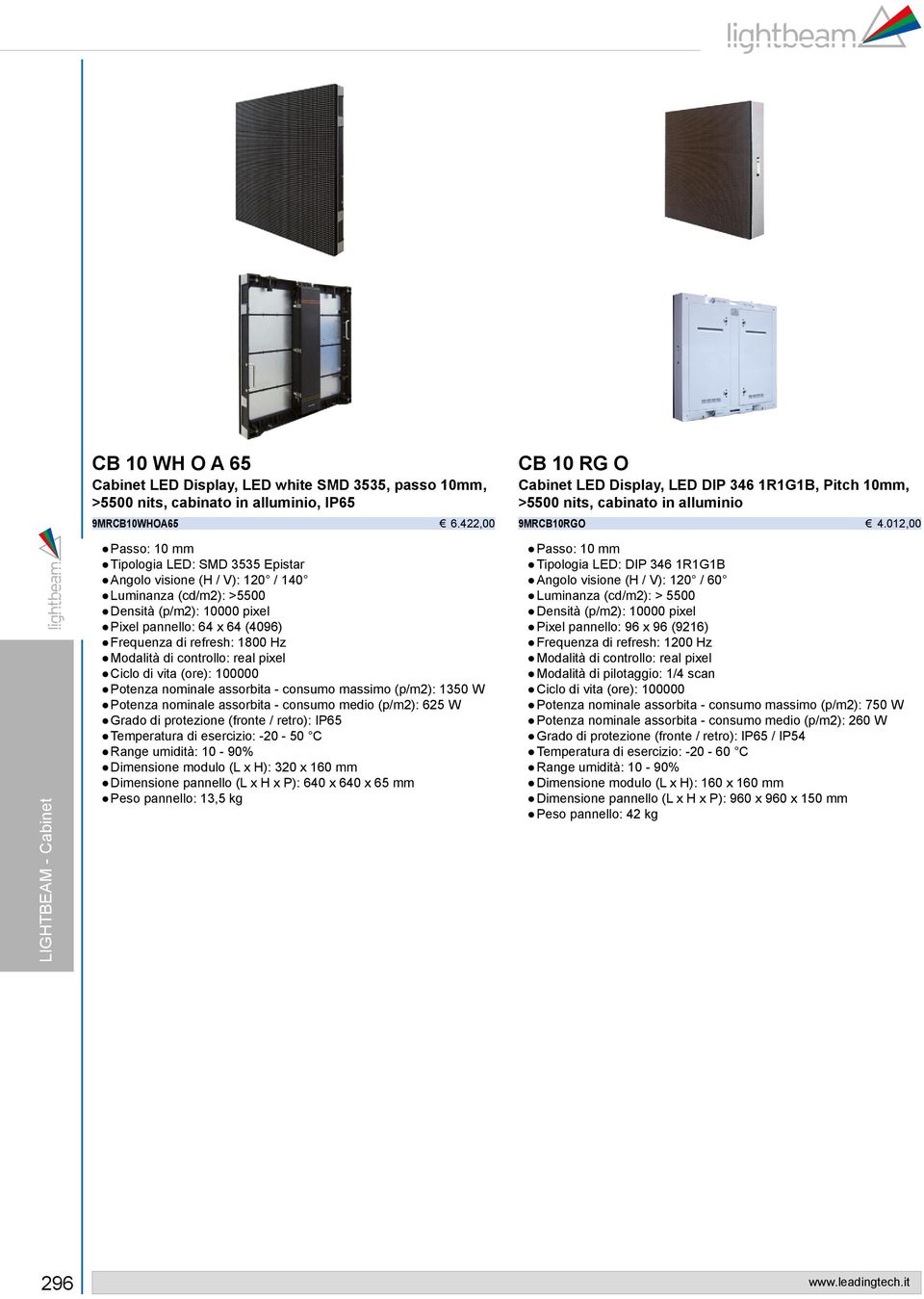 012,00 LIGHTBEAM - Cabinet Passo: 10 mm Tipologia LED: SMD 3535 Epistar Angolo visione (H / V): 120 / 140 Luminanza (cd/m2): >5500 Densità (p/m2): 10000 pixel Pixel pannello: 64 x 64 (4096) Frequenza
