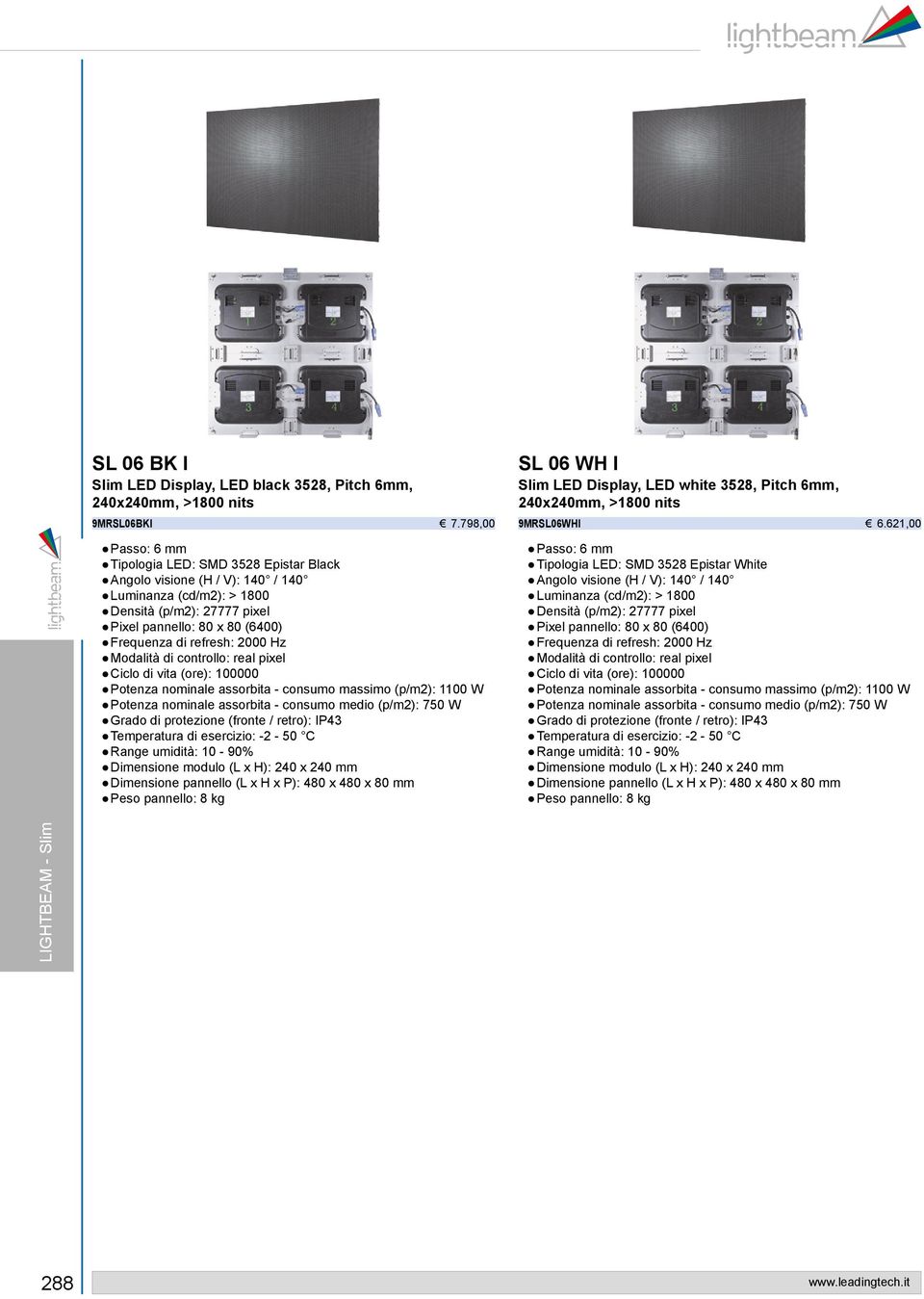 (p/m2): 1100 W Potenza nominale assorbita - consumo medio (p/m2): 750 W Grado di protezione (fronte / retro): IP43 di esercizio: -2-50 C modulo (L x H): 240 x 240 mm pannello (L x H x P): 480 x 480 x