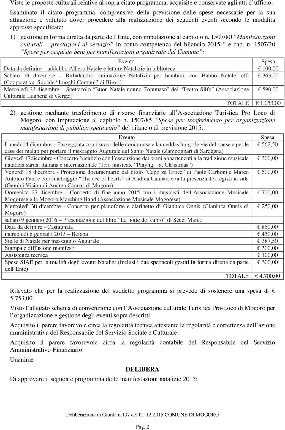 specificate: 1) gestione in forma diretta da parte dell Ente, con imputazione al capitolo n.