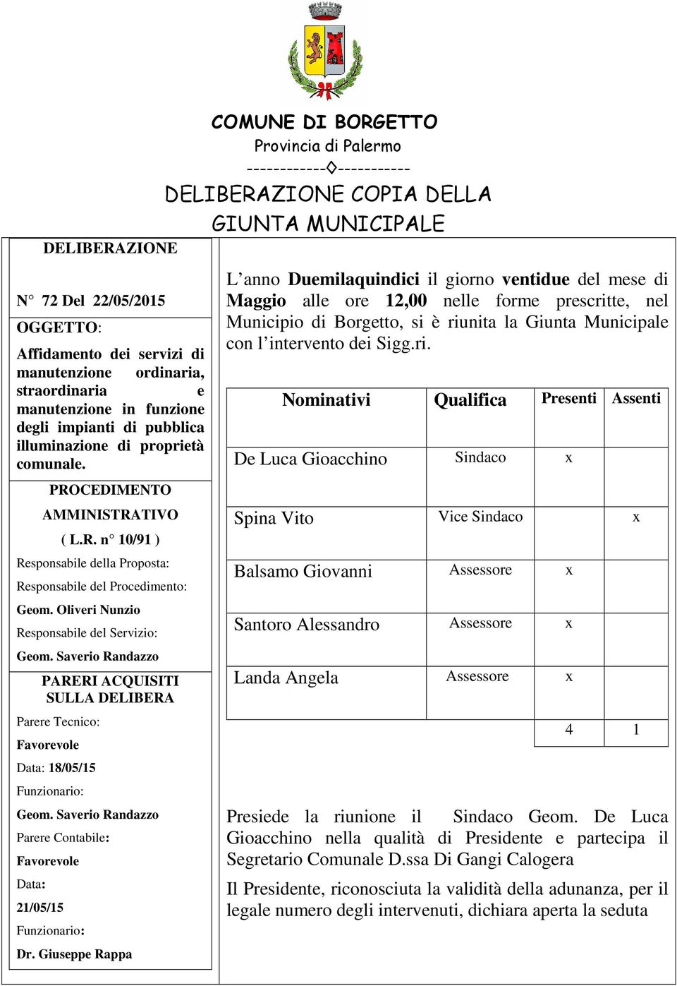 Oliveri Nunzio Responsabile del Servizio: Geom. Saverio Randazzo PARERI ACQUISITI SULLA DELIBERA Parere Tecnico: Favorevole Data: 18/05/15 Funzionario: Geom.