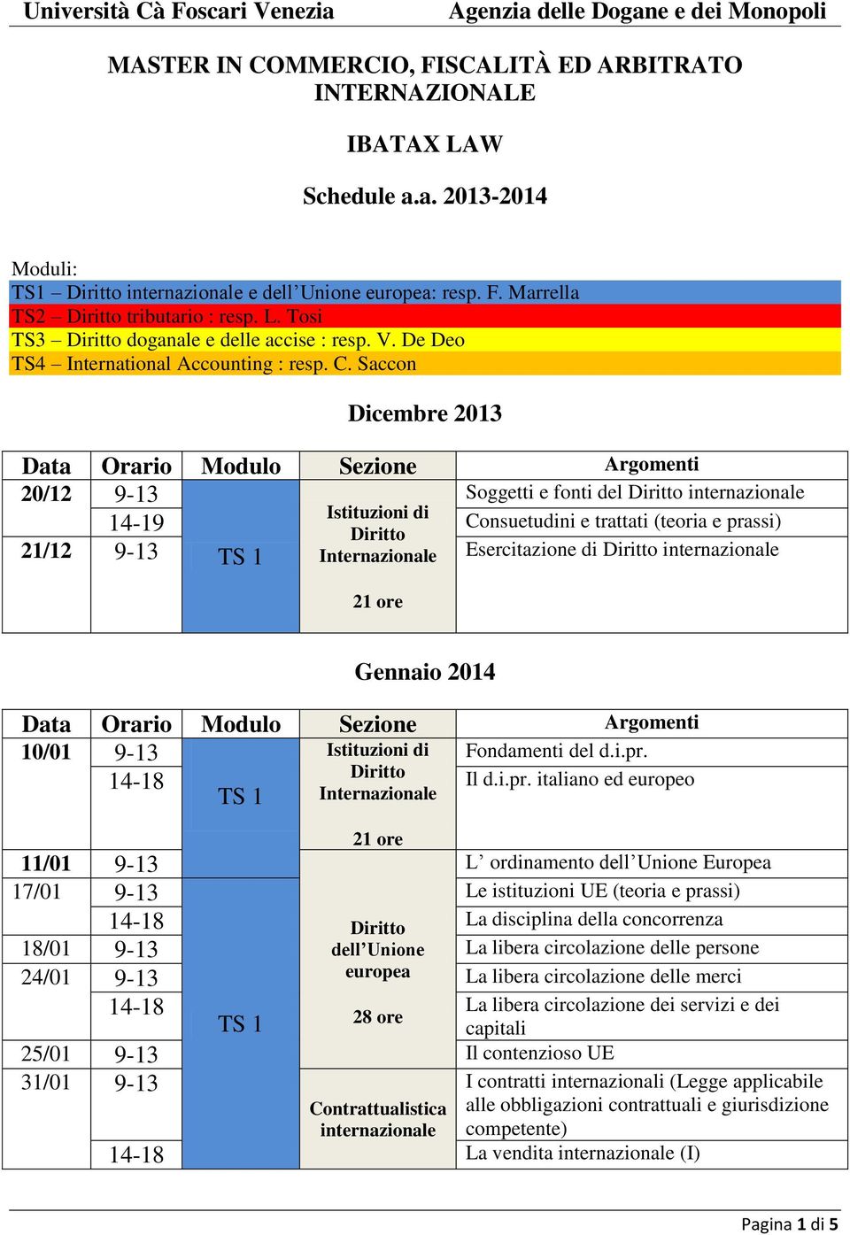 Saccon Dicembre 2013 20/12 9-13 Soggetti e fonti del Istituzioni di 14-19 Consuetudini e trattati (teoria e prassi) 21/12 9-13 Internazionale Esercitazione di 21 ore Gennaio 2014 10/01 9-13