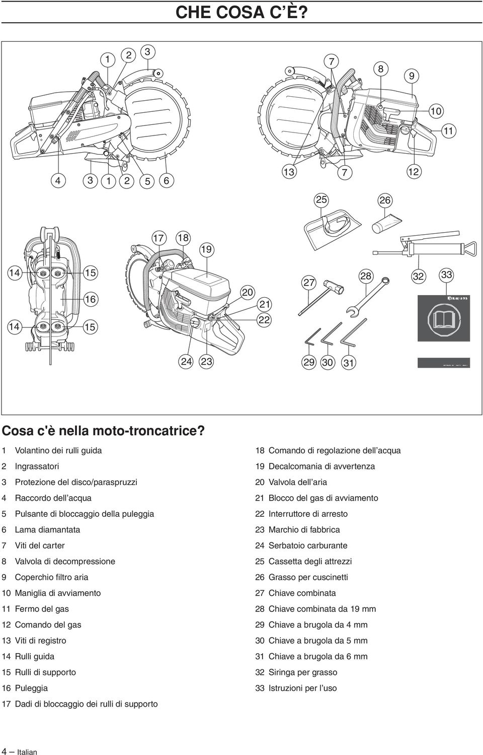 decompressione 9 Coperchio filtro aria 10 Maniglia di avviamento 11 Fermo del gas 12 Comando del gas 13 Viti di registro 14 Rulli guida 15 Rulli di supporto 16 Puleggia 17 Dadi di bloccaggio dei