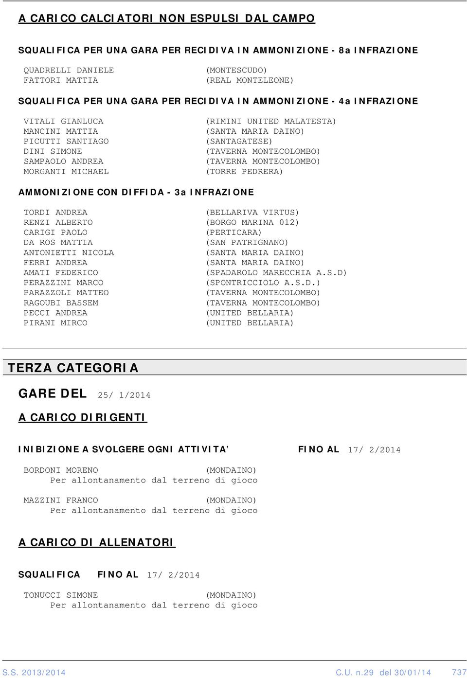 (TAVERNA MONTECOLOMBO) (TAVERNA MONTECOLOMBO) (TORRE PEDRERA) AMMONIZIONE CON DIFFIDA - 3a INFRAZIONE TORDI ANDREA (BELLARIVA VIRTUS) RENZI ALBERTO (BORGO MARINA 012) CARIGI PAOLO (PERTICARA) DA ROS