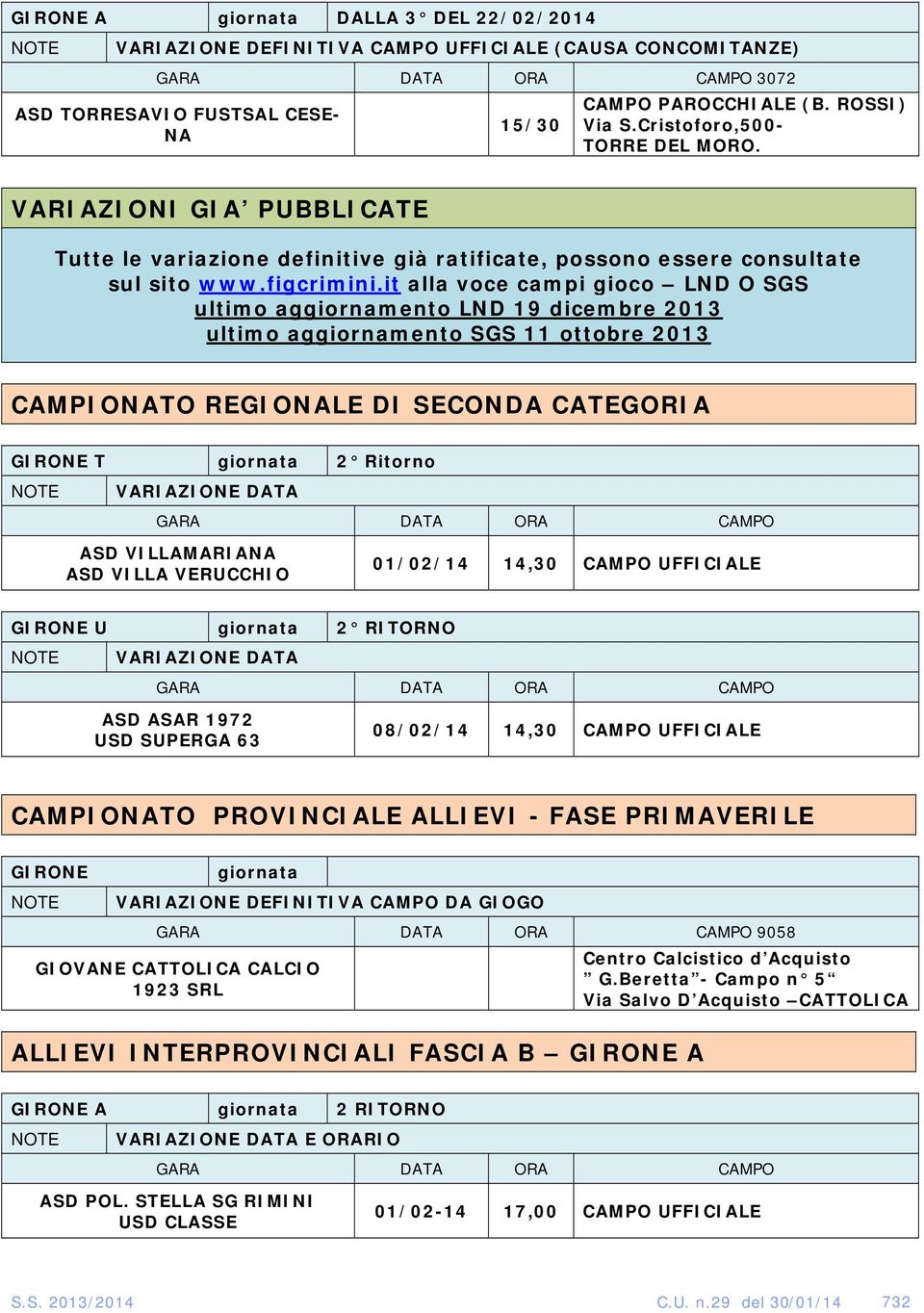 it alla voce campi gioco LND O SGS ultimo aggiornamento LND 19 dicembre 2013 ultimo aggiornamento SGS 11 ottobre 2013 CAMPIONATO REGIONALE DI SECONDA CATEGORIA GIRONE T giornata 2 Ritorno VARIAZIONE