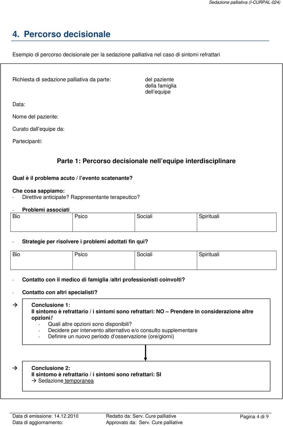 Che cosa sappiamo: - Direttive anticipate? Rappresentante terapeutico? - Problemi associati Bio Psico Sociali Spirituali - Strategie per risolvere i problemi adottati fin qui?