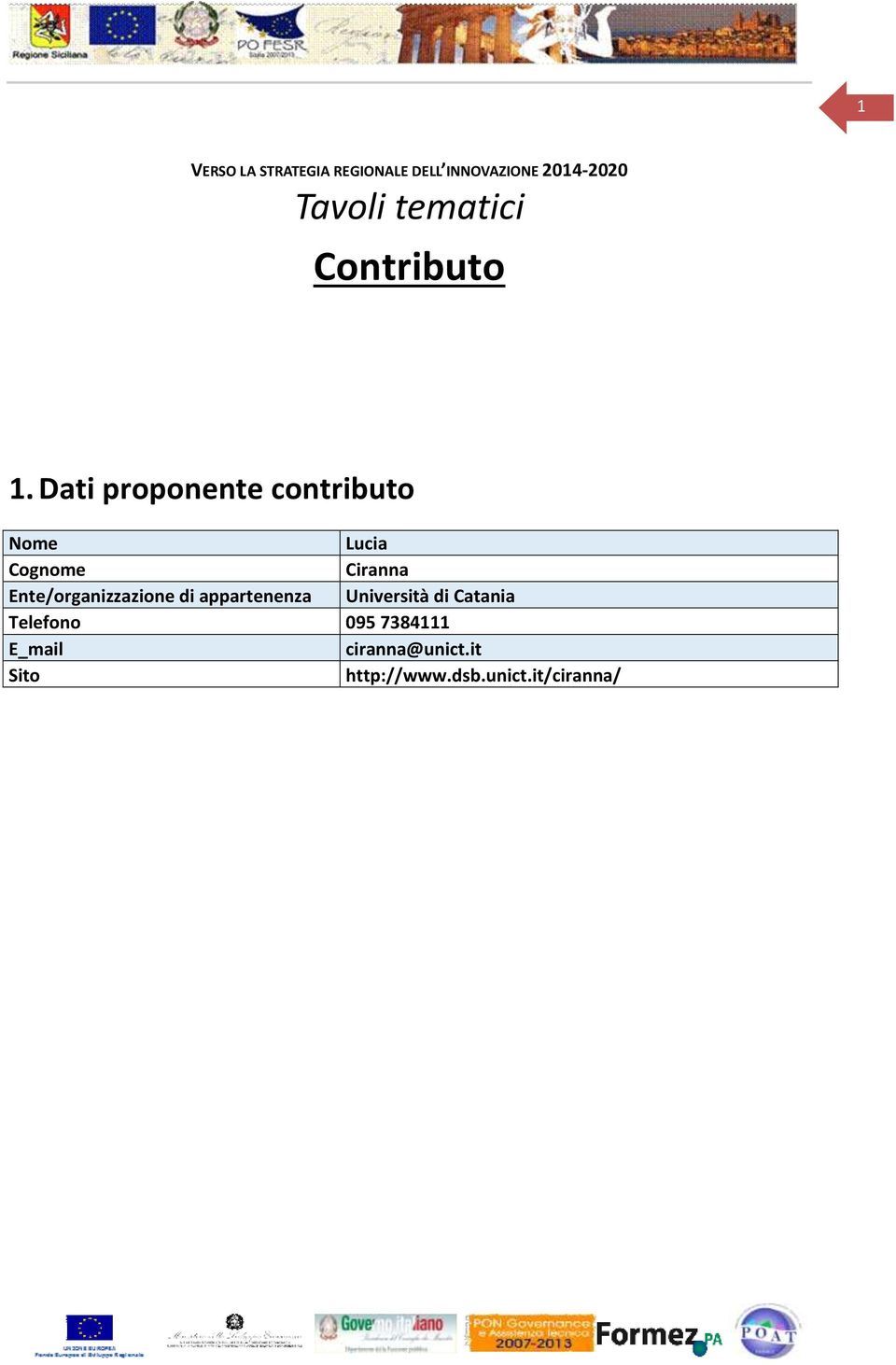 Dati proponente contributo Nome Lucia Cognome Ciranna