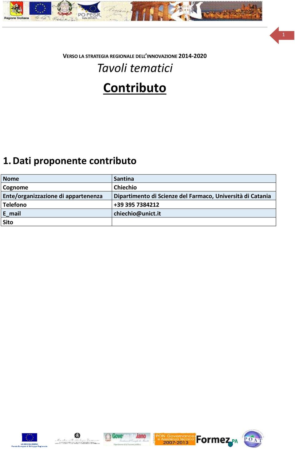 Dati proponente contributo Nome Santina Cognome Chiechio