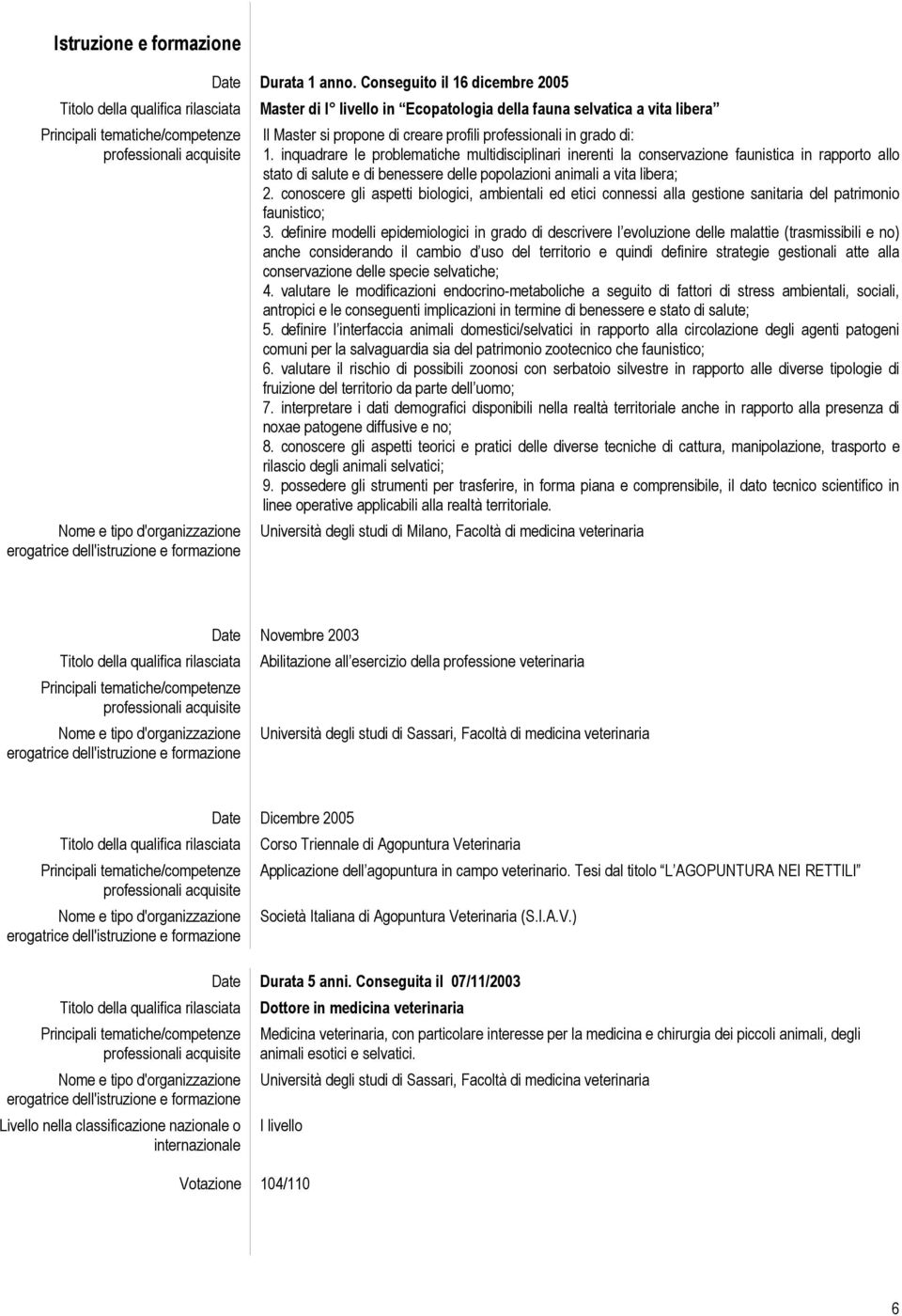 inquadrare le problematiche multidisciplinari inerenti la conservazione faunistica in rapporto allo stato di salute e di benessere delle popolazioni animali a vita libera; 2.