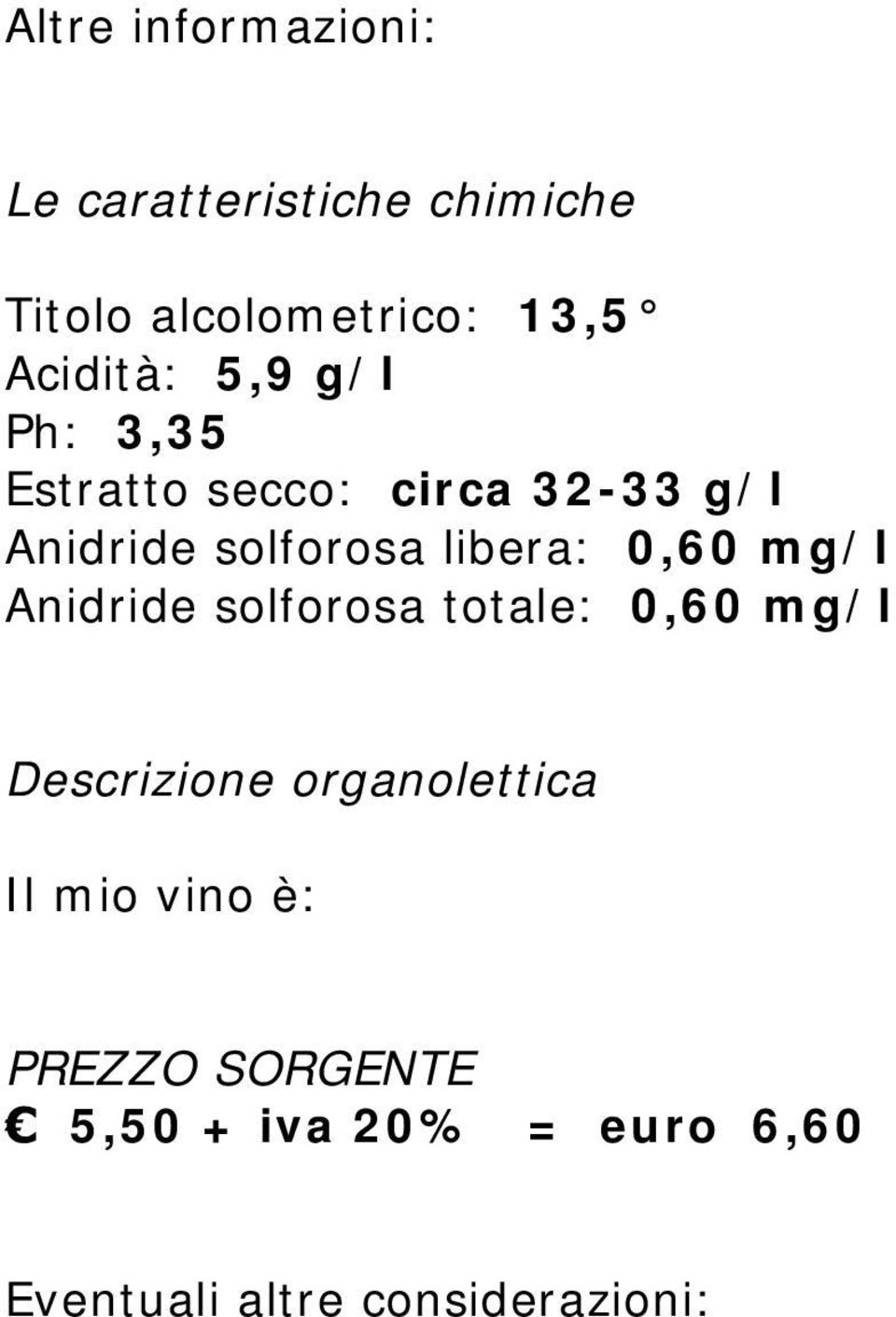 libera: 0,60 mg/l Anidride solforosa totale: 0,60 mg/l Descrizione organolettica