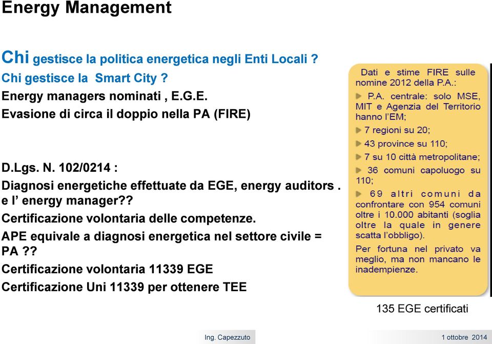 102/0214 : Diagnosi energetiche effettuate da EGE, energy auditors. e l energy manager?