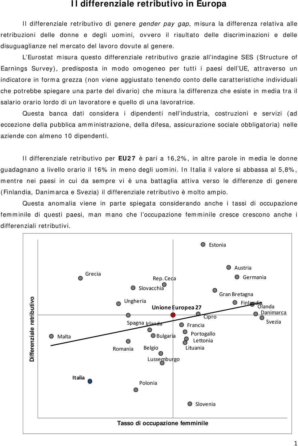 L Eurostat misura questo differenziale retributivo grazie all indagine SES (Structure of Earnings Survey), predisposta in modo omogeneo per tutti i paesi dell UE, attraverso un indicatore in forma