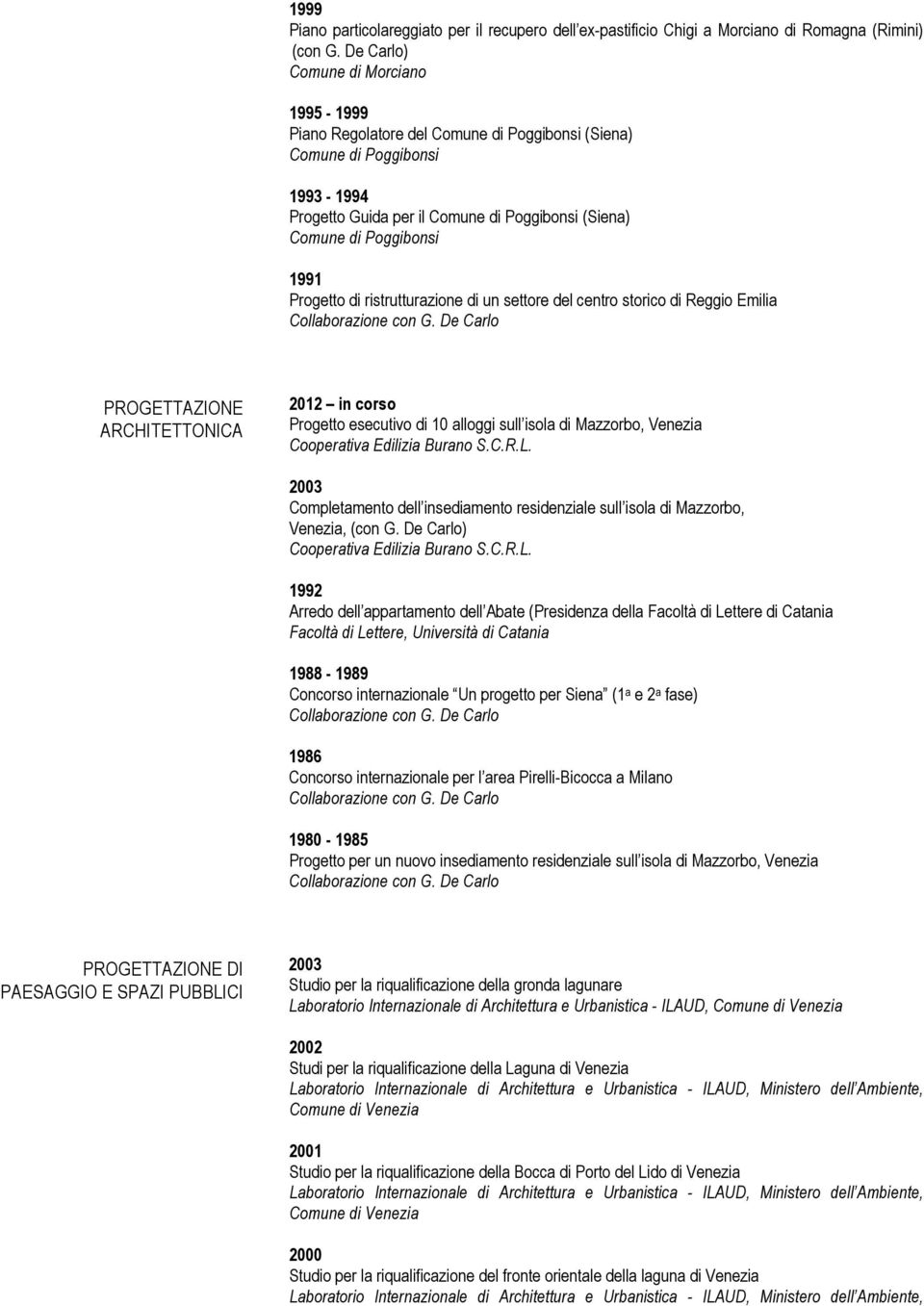 Progetto di ristrutturazione di un settore del centro storico di Reggio Emilia PROGETTAZIONE ARCHITETTONICA 2012 in corso Progetto esecutivo di 10 alloggi sull isola di Mazzorbo, Venezia Cooperativa