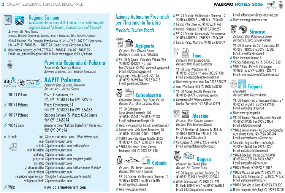 sicilia.it Osservatorio turistico: 091.7078243-7078241 Fax 091.7078135 E-mail: oss_turistico@regione.sicilia.it Web: www.regione.sicilia.it/turismo Provincia Regionale di PRESIDENTE: ON.