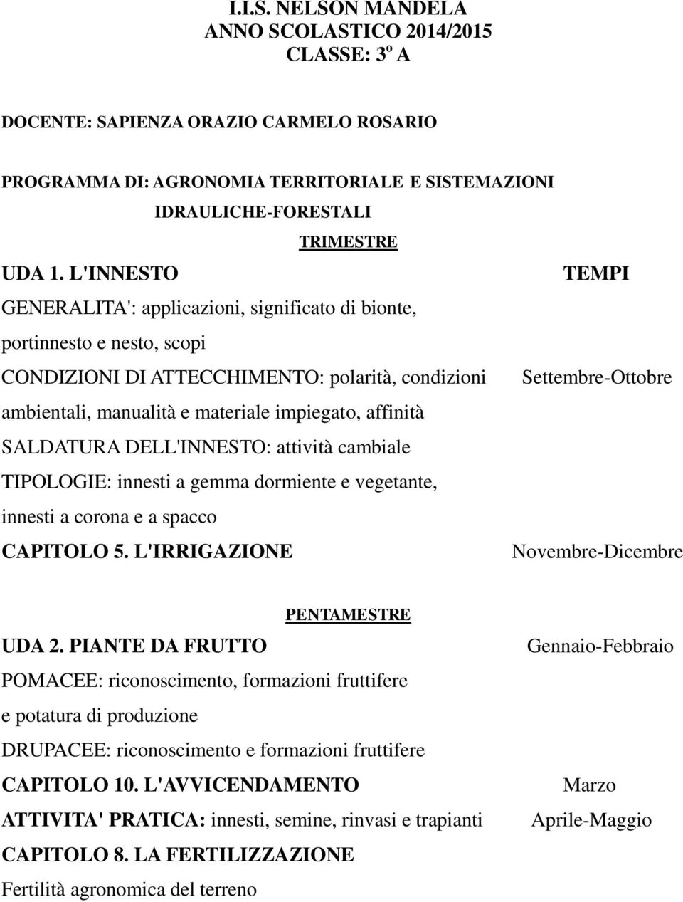 impiegato, affinità SALDATURA DELL'INNESTO: attività cambiale TIPOLOGIE: innesti a gemma dormiente e vegetante, innesti a corona e a spacco CAPITOLO 5. L'IRRIGAZIONE UDA 2.