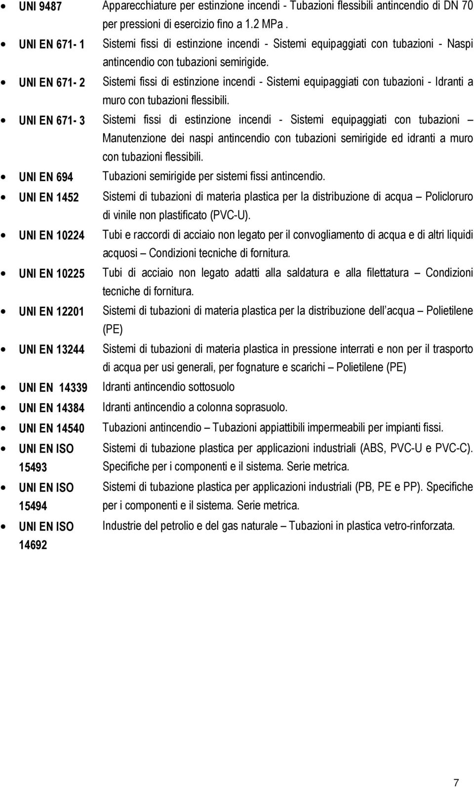 UNI EN 671-2 Sistemi fissi di estinzione incendi - Sistemi equipaggiati con tubazioni - Idranti a muro con tubazioni flessibili.