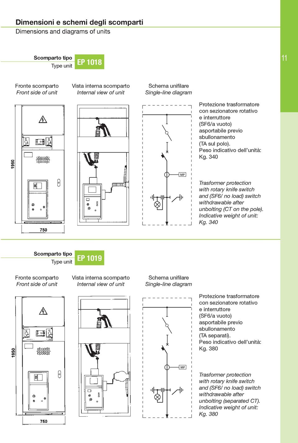 340 MP Trasformer protection with rotary knife switch and (SF6/ no load) switch withdrawable after unbolting (CT on the pole). Indicative weight of unit: Kg.
